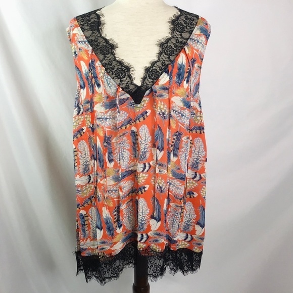 Anthropologie Other - Nwt A’reve Nightgown Size L Camisole Lace Boho Feather Print Red Blue